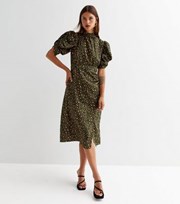 Blue Vanilla Olive Leopard Print Ruched Short Puff Sleeve Midi Dress